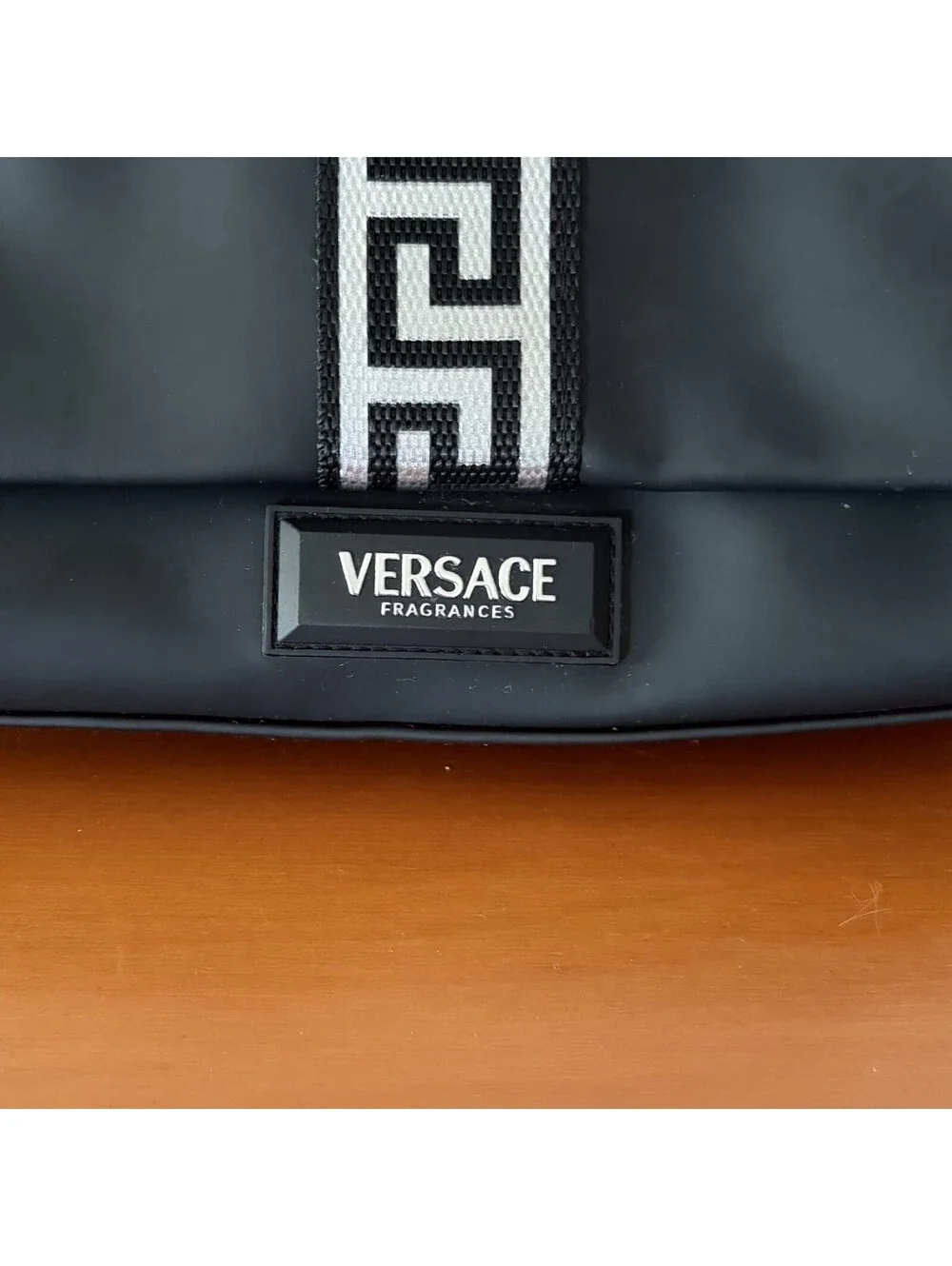 Versace Fragrances Black Toiletries Bag with Greek Key Pattern